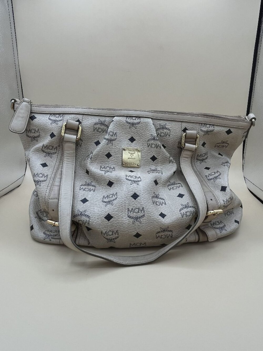 MCM Visetos Beige Monogram Coated Canvas Large Tote Bag With Gold-Tone Hardware